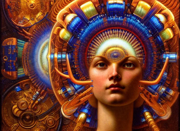 Prompt: highly detailed portrait of an optical illusion dmt entity mecha, painting by gaston bussiere, craig mullins, j. c. leyendecker, lights, art by ernst haeckel, john william godward, hammershøi, alex grey, dmt, symmetric, masterpiece details, hyper - detailed, hd, hdr, 4 k, 8 k