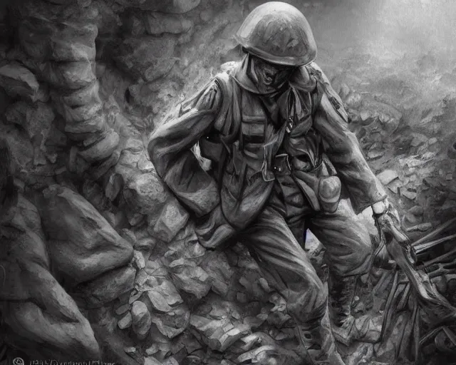 Image similar to A soldier in despair in a world war 1 trench, close-up, black and white, amazing digital art, hyper detailed, artstation, in the style of Tony Sart