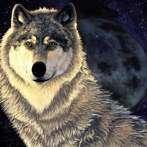 Image similar to close up portrait of a howling wolf in front of the full big moon, fantasy digital art, high definition, 8k, high details, high quality, golden and silver colors, glowing lights in the background