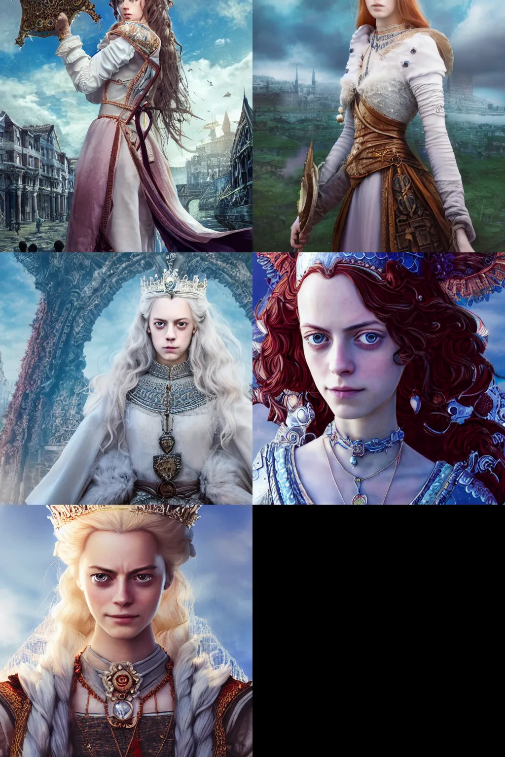 Prompt: character portrait of the white queen kaya scodelario with gorgeous detailed eyes in the marketplace in the sky, color page, tankoban, 4 k, tone mapping, doll, akihiko yoshida, james jean, andrei riabovitchev, marc simonetti, yoshitaka amano, long hair, curly