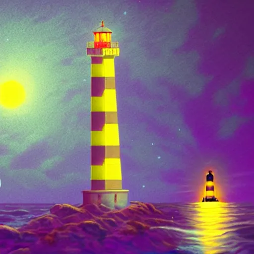 Image similar to lighthouse in the moon, epic retrowave art, trending on art station