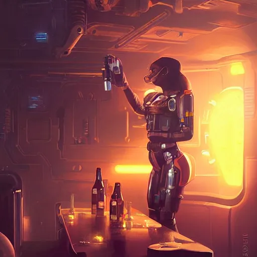 Image similar to a space soldier woman drinking beer from a space station bar, Matte painting , detailed painting, greg rutkowski