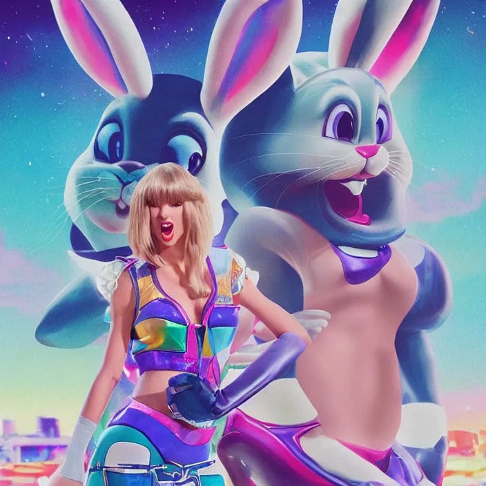 Prompt: portrait of Taylor Swift as Lola Bunny in Space Jam 1996. bunny ears. intricate abstract. intricate artwork. HD. by Tooth Wu, wlop, beeple, dan mumford. octane render, trending on artstation, greg rutkowski very coherent symmetrical artwork. cinematic, hyper realism, high detail, octane render, 8k, iridescent accents