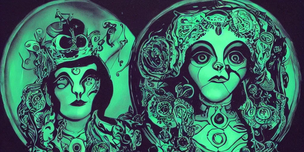 Image similar to madame leota cult, detailed facial expression, surrealism aesthetic