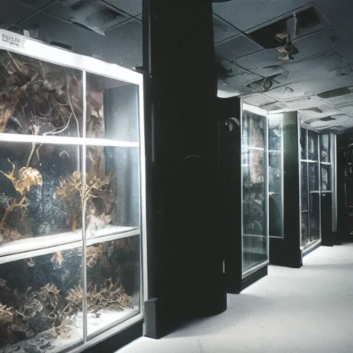 Prompt: spooky creepy liminal space, display case, aquatic exhibition science museum, dried aquarium, leaves, computer screens, backroom stairs going down under water, photo taken on 1 9 8 0 s fujifilm superia