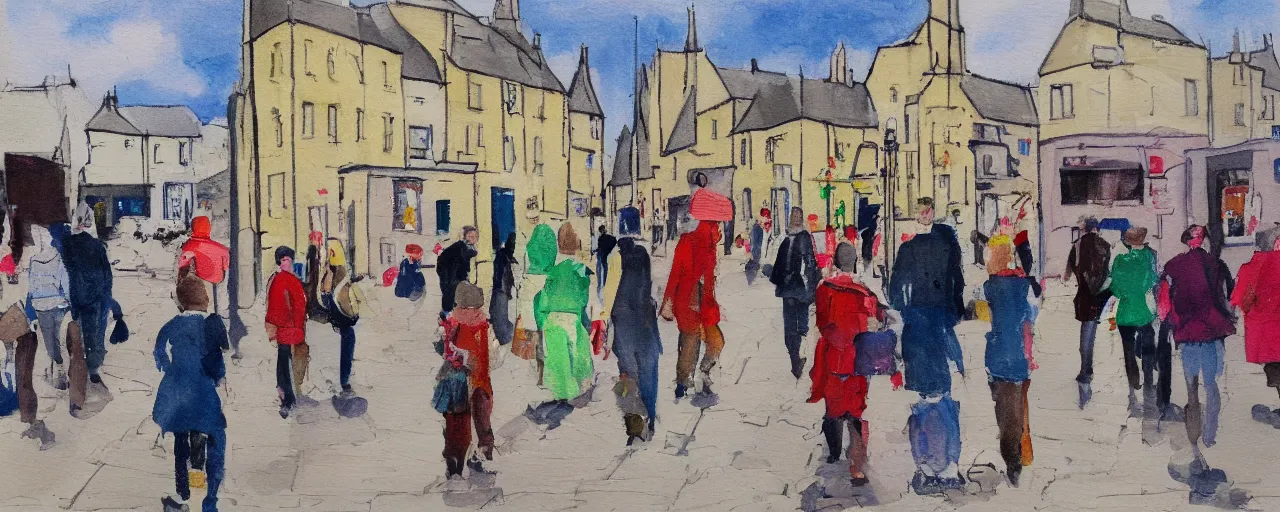 Prompt: a painting of street life in kirkwall orkney, Child's drawing