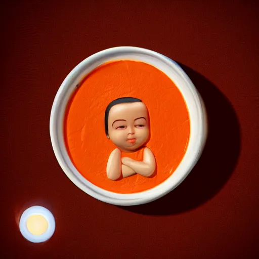 Image similar to kim kardashian in a bowl of tomato soup, photorealism, dynamic lighting, depth of field