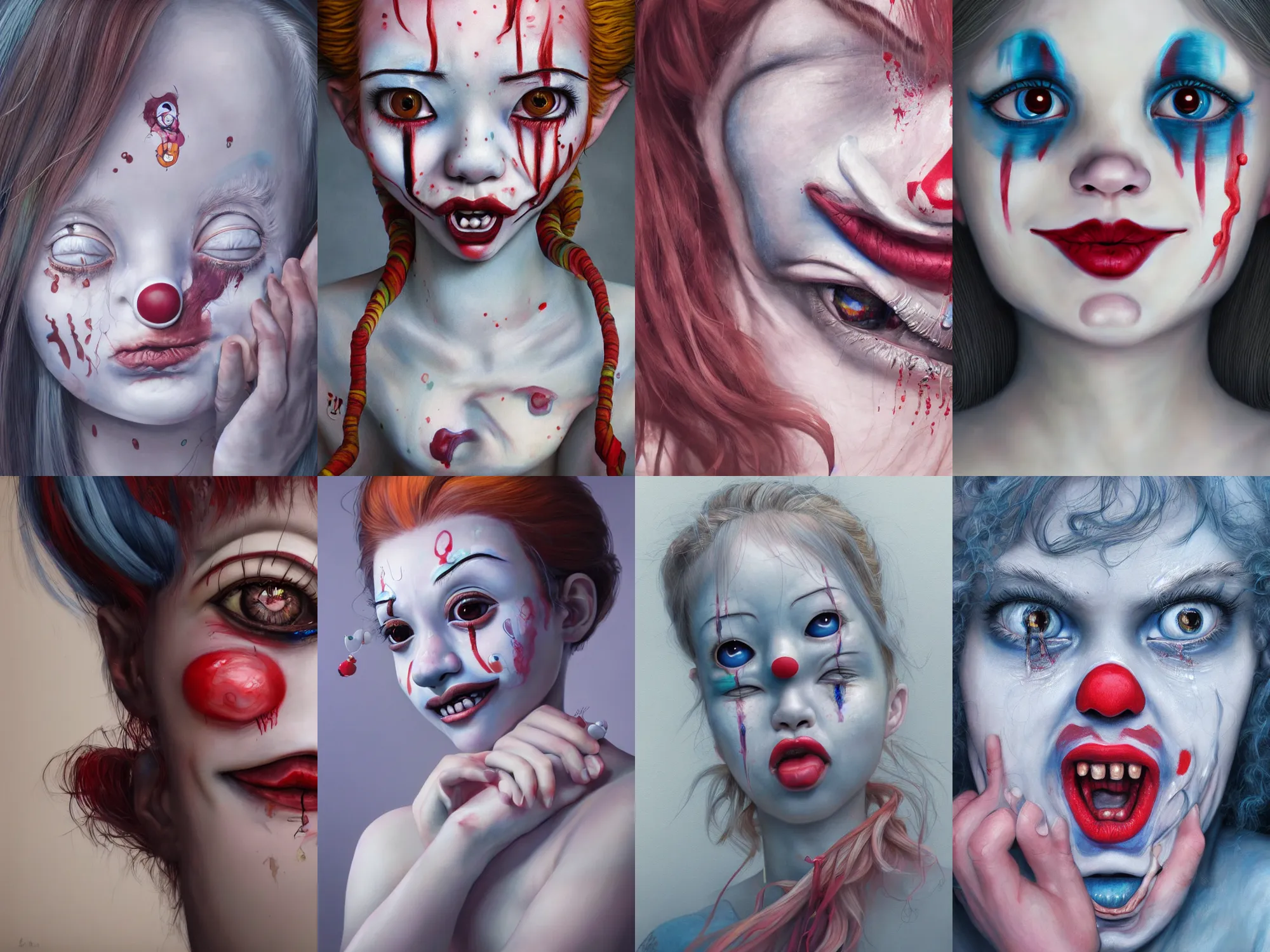 Image similar to detailed painting of clown girl crying, piercing eyes, james jean, miho hirano, hyperrealistic, octane render, ambient light, dynamic lighting