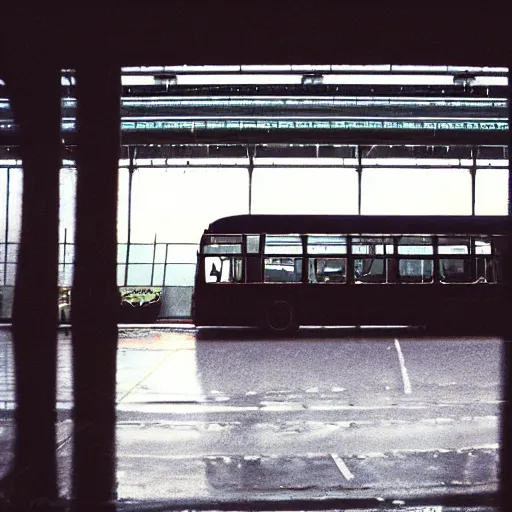 Prompt: 1990s perfect 8K HD professional cinematic photo of a bus in dystopian hangar, at evening during rain, at instagram, Behance, Adobe Lightroom, with instagram filters, depth of field, taken with polaroid kodak portra