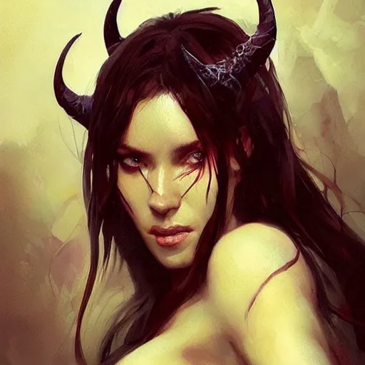 Image similar to a beautiful portrait of a devil goddess by greg rutkowski and raymond swanland, trending on artstation, ultra realistic digital art