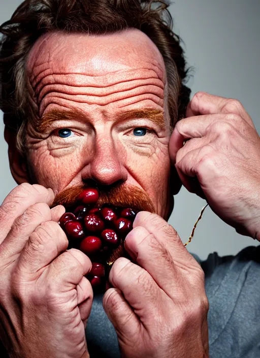 Prompt: portrait of bryan cranston at a cranberry eating contest, bulging cheeks eating cranberries, open mouth, hamster cheeks, studio light, bloom, detailed face, magazine, press, photo, steve mccurry, david lazar, canon, nikon, focus