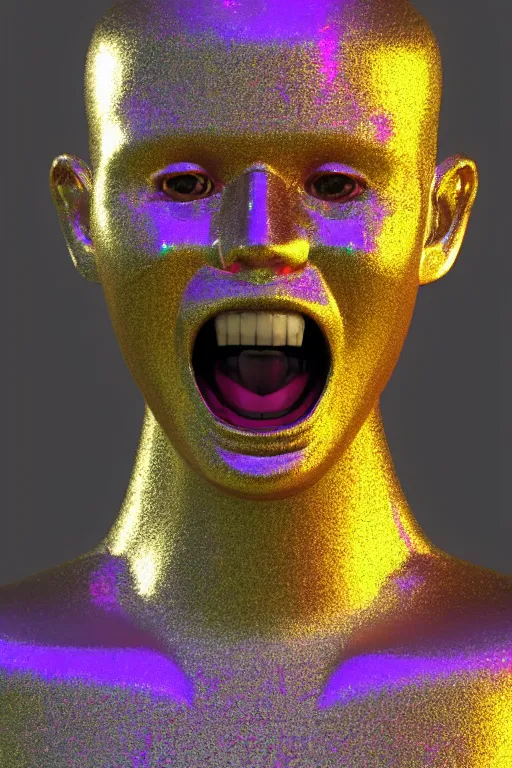 Image similar to 3d render of holographic angry human robotic screaming angry bust made of glossy iridescent, screaming, bust, surrealistic 3d illustration of a human non-binary, non binary model, 3d model human, cryengine, made of holographic texture, holographic material, holographic rainbow, concept of cyborg and artificial intelligence