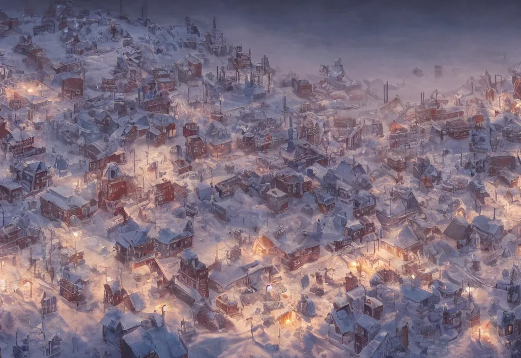 Prompt: accidentally wes anderson award - winning photograph of a frozen frostpunk city, art by greg rutkowsky, trending on artstation, cinematic lighting, filmic grain, golden hour, detailed, 4 k