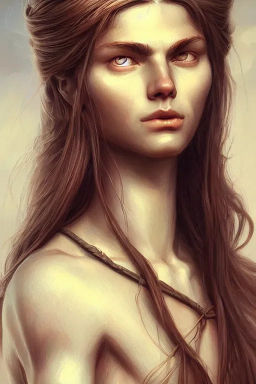 Image similar to Nearthendahl man angels, primitive facial features, fantasy, long hair, highly detailed, digital painting, artstation, concept art, smooth, sharp focus, illustration, art by artgerm and manara