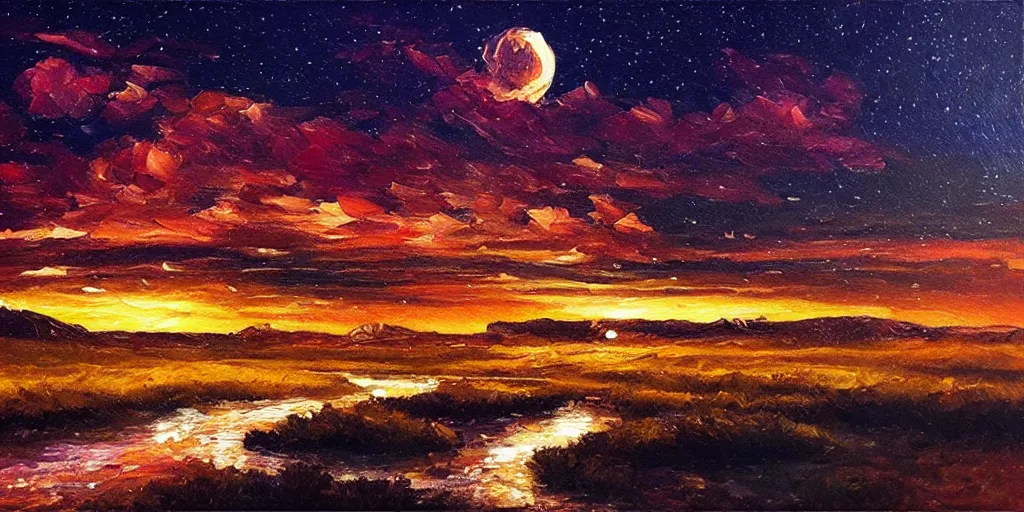 Image similar to nighttime nature landscape, oil painting, ultra realistic, highly detailed, hd, sharp focus, cinematic lighting, warm colors, realistic, photorealistic, vivid colors, painting, non blurry, sharp, smooth, illustration