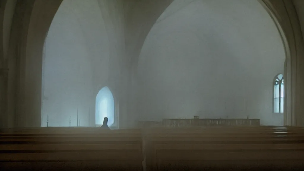 Image similar to an iridescent ghost standing still inside a church, film still from the movie directed by Denis Villeneuve with art direction by Zdzisław Beksiński, wide lens