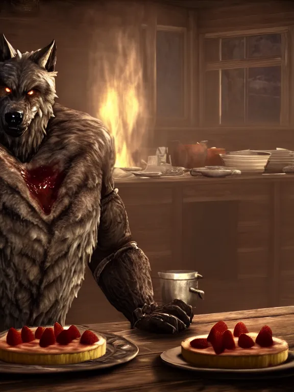 Prompt: cute handsome cuddly burly surly relaxed calm timid werewolf from van helsing sitting down at the breakfast table in the kitchen of a normal country home cooking having fun lighthearted whimsy baking strawberry tart cakes unreal engine hyperreallistic render 8k character concept art masterpiece screenshot from the video game the Elder Scrolls V: Skyrim