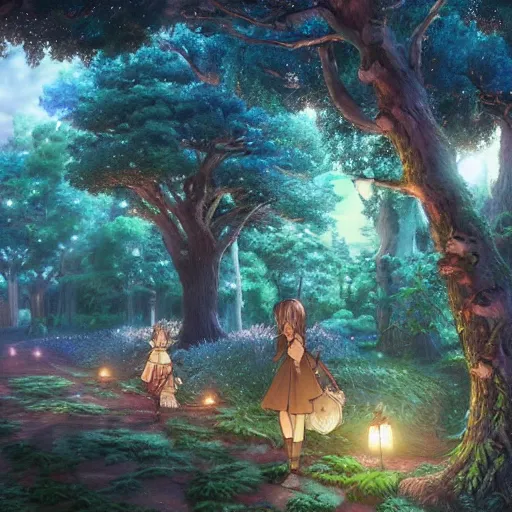 Image similar to the aesthetic view of the beautiful, grand, wistful, dreamy hidden forest at dusk, hyperrealistic anime illustration by iralki nadar, colorful, extremely detailed, intricate linework, super sharp focus, bright colors, octopath traveler, studio ghibli, unreal engine 5 highly rendered, global illumination, radiant light, detailed and intricate environment