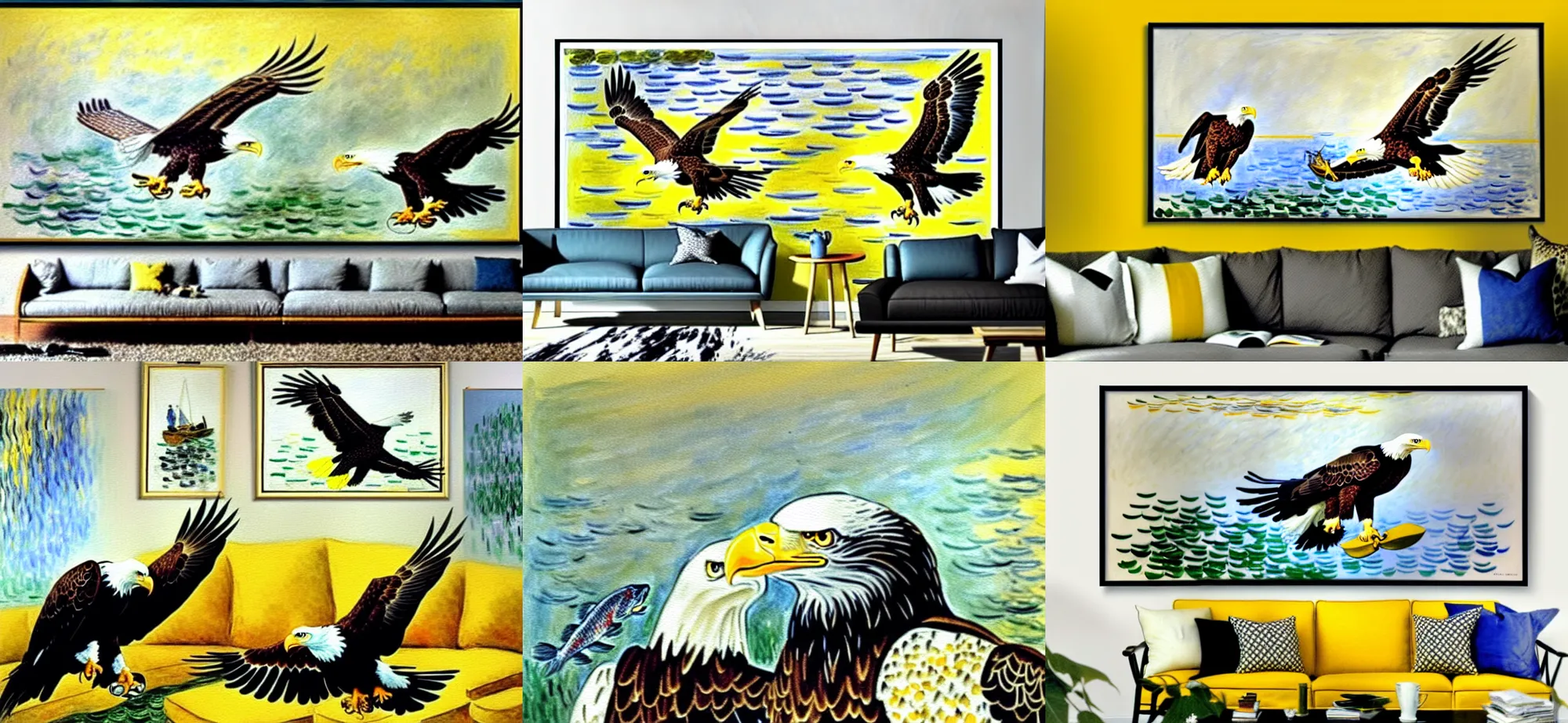 Prompt: action shot of bald eagle with fish, black and yellow and white framed painting hanging over couch, monet, watercolour