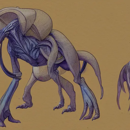 Image similar to concept art painting of an alien animal creature, detailed, cel shaded, in the style of makoto shinkai and moebius and james gurney