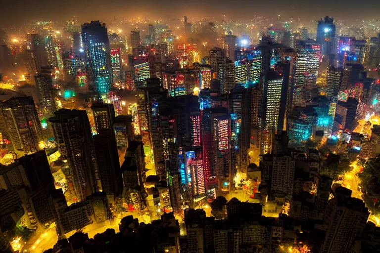 Prompt: photograph of Dhaka in the future, cyberpunk style, night,