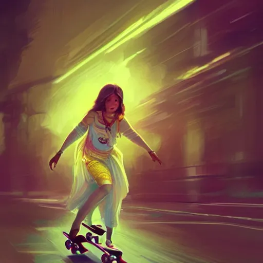 Prompt: character concept of a white bengali girl, chubby, riding a skateboard, neon lights, highly detailed, digital painting, artstation, concept art, symmetry, smooth, sharp focus, illustration, art by artgerm and greg rutkowski and alphonse mucha
