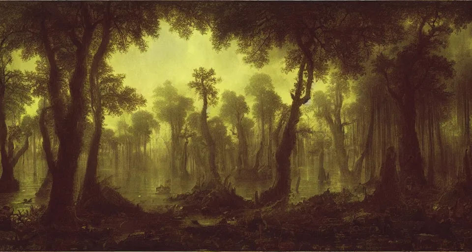 Image similar to A dense and dark enchanted forest with a swamp, by John Martin