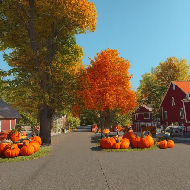 Prompt: small new england town with shops and pumpkins, maple trees with fall foliage, volumetric, realistic, cinematic lighting, ray tracing, unreal engine 5, octane render, hyper realistic, photo, 8 k