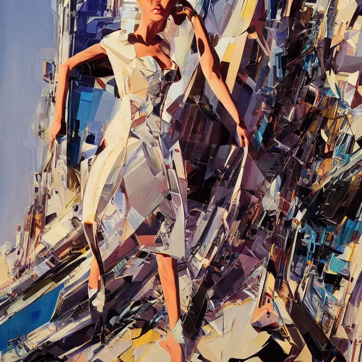 Image similar to shenzhen queen, full body, high fashion, futurism, aerodynamic, flowing, intricate, slick, highly detailed, digital painting, vogue, concept art, smooth, sharp focus, hd, art by syd mead and john berkey and annie leibovitz