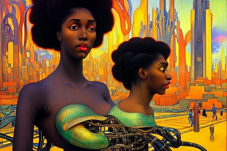 Prompt: realistic extremely detailed closeup portrait painting of a beautiful black woman in a dress with supercomputer robot, city street on background by Jean Delville, Amano, Yves Tanguy, Ilya Repin, Alphonse Mucha, Ernst Haeckel, Edward Hopper, Edward Robert Hughes, Roger Dean, rich moody colours