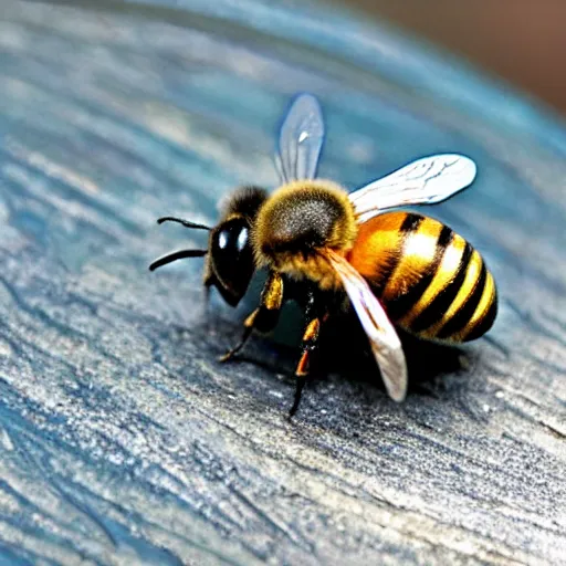 Image similar to a glowing blue metal honey bee, shiny