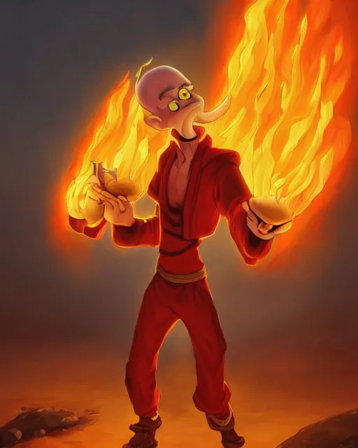 Prompt: [ squidward ] wearing fire nation clothing and practicing firebending outside at susnset, oil painting, highly [ detailed ], detailed cartoony face, intricate, hd, sharp focus, photorealistic, by [ moebius ] and greg rutkowski and thomas kinkade, trending on artstation, trending on cgsociety, realistic shading and lighting