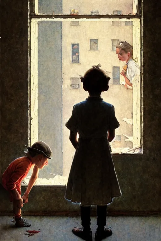 Image similar to a 1 2 year old boy and 3 year old girl looking at a wall full of ghosts, part by norman rockwell, part by greg rutkowski, part by mattias adolfsson, high angle, ( ( ( ( volumetric lighting ) ) ) ), oil on canvas