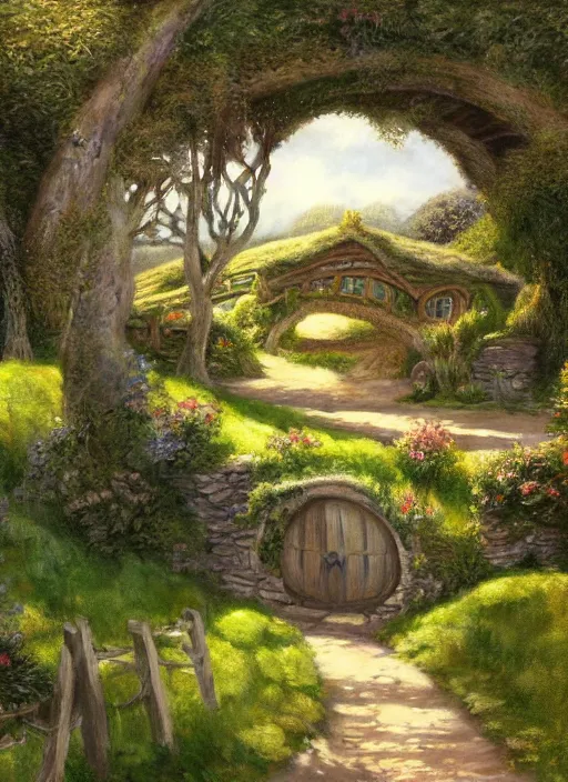 Image similar to beautiful serene hobbiton, by alan lee, lord of the rings, smooth, detailed terrain, oil painting, matte painting, concept art, trending on artstation, promotional artwork, film still, elegant, photorealistic facial features, intricate, detailed face, cinematic lighting