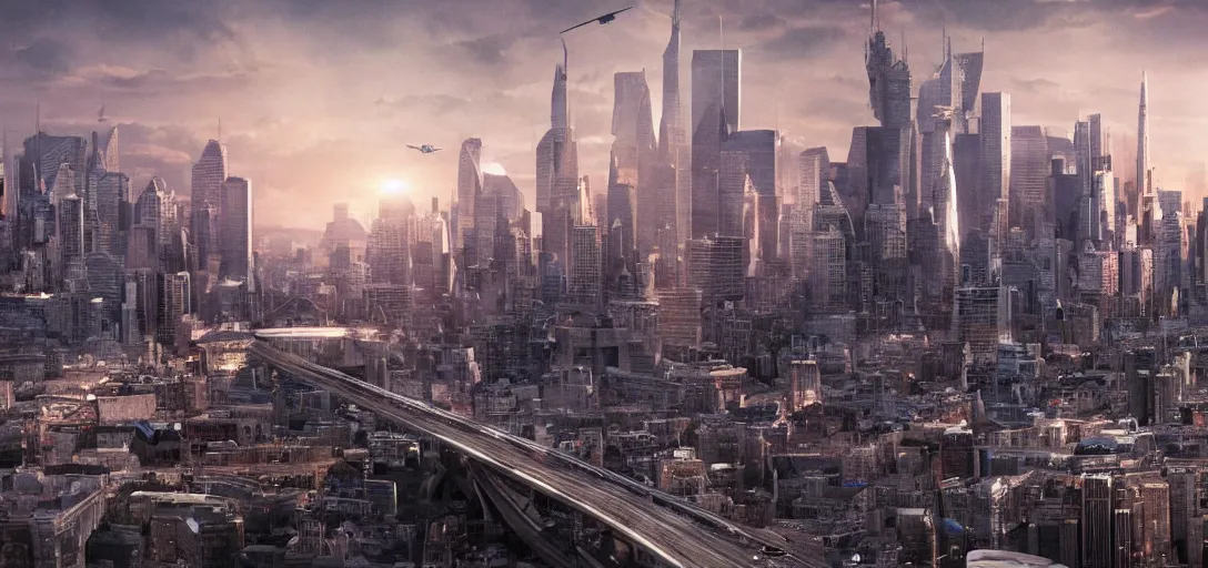 Image similar to very high resolution image from a new movie. a beautiful city landscape, alien invasion. 2 4 mm, photorealistic, photography, directed by atom egoyan