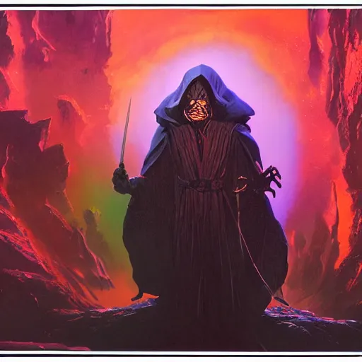 Prompt: portrait of angry evil obe wan kenobe as a dark sith, overwhelming energy, detailed background by m. w. kaluta + bruce pennington, dark side, volumetric lighting, colorful vapor, deep dark color, floating molecules, digital painting, oil painting, artwork by ralph mcquarrie + cory loftis + andreas rocha + paul lehr + ian mcque + eddie mendoza