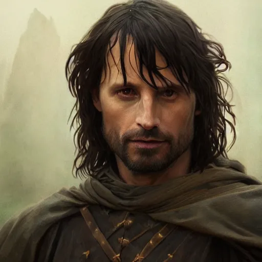 Image similar to a portrait of aragorn cinematic lighting, photorealistic, octane render, 8 k, depth of field, 3 d, art by artgerm and greg rutkowski and alphonse mucha and uang guangjian and gil elvgren and sachin ten