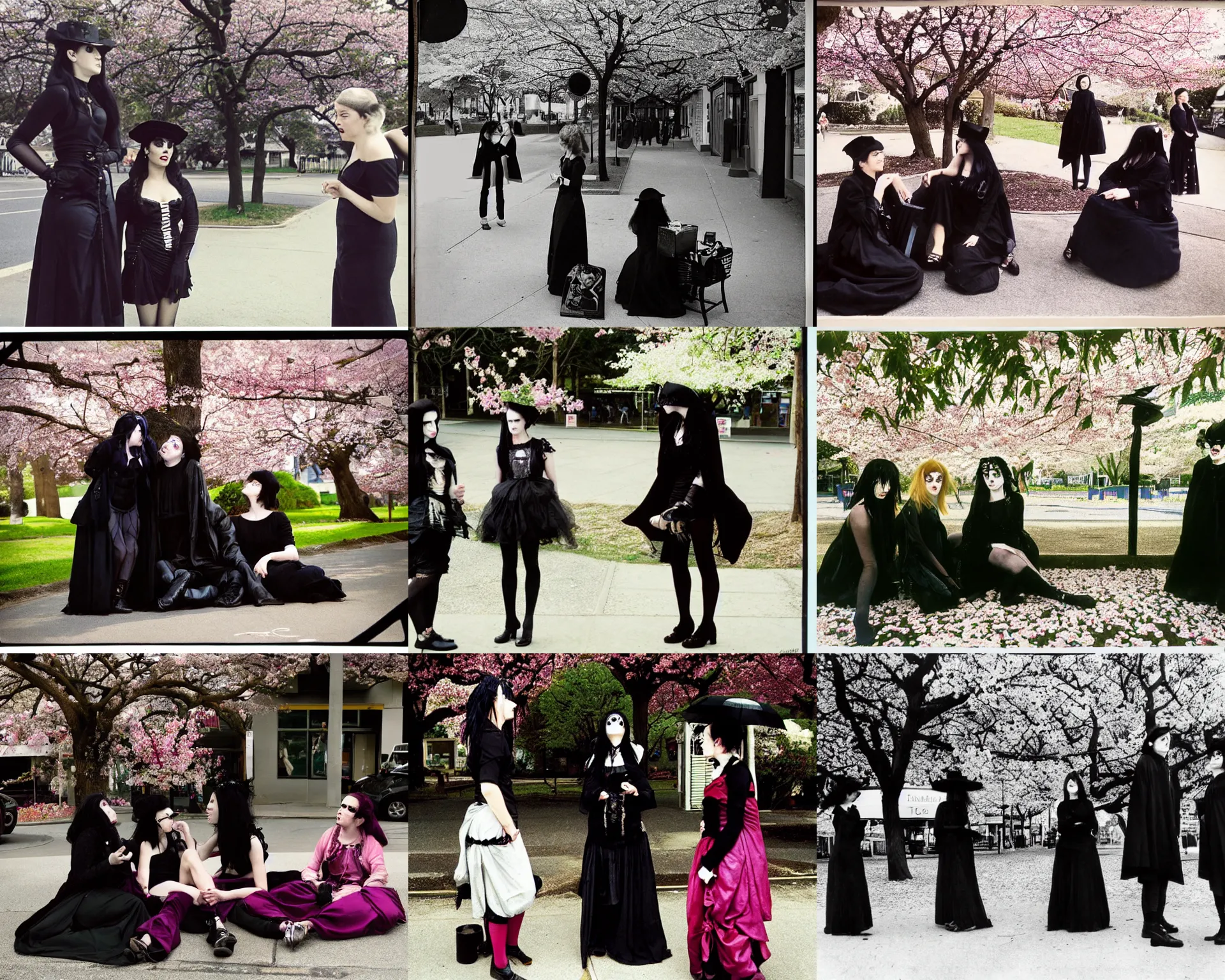 Prompt: a photo by annie leibovitz. three goths loitering in the shade, talking beneath a cherry blossom outside a blockbuster video store.