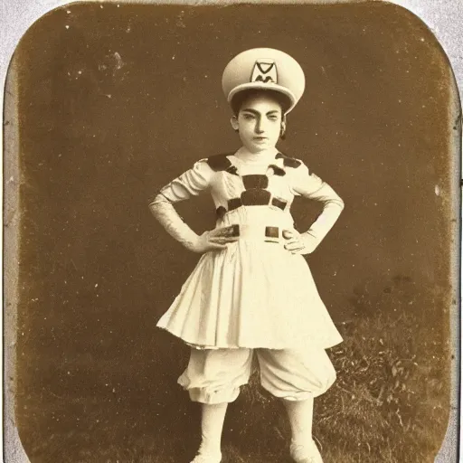 Image similar to a daguerrotype photo of super mario brothers cosplayer, very early film stock, 1 8 0 0 s, vintage