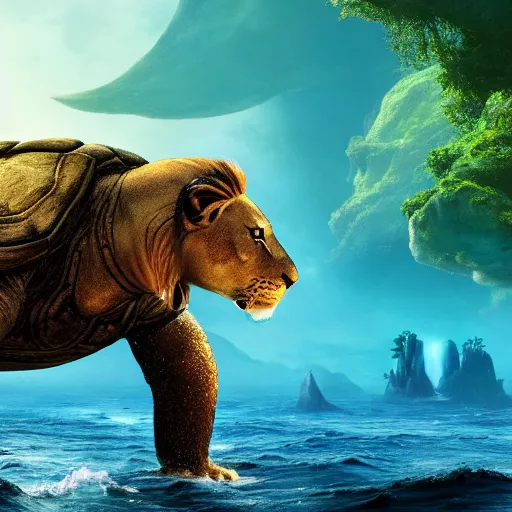 Image similar to a photograph of a giant lion turtle with an island on it's back. live action still from avatar the last airbender ( 2 0 2 5 ). color harmony, 8 k detail, gallery quality, hd wallpaper, premium prints available.