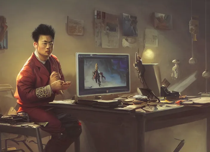 Image similar to an insanely detailed and realistic painting of an asian man wearing a homemade superhero costume, sitting at a desk, staring seriously at the computer and typing, in the style of peter mohrbacher, james jean, artgerm, dramatic lighting and composition, surreal background, octane render, pixar, trending on artstation, concept art, comic book, 8 k