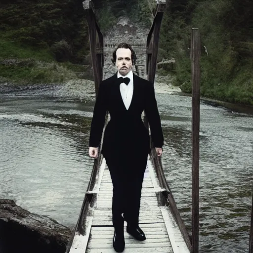 Image similar to Candid portrait photograph of Professor Moriarty about to jump off a bridge, taken by Annie Leibovitz