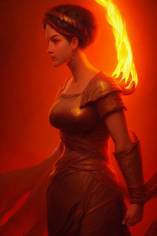 Prompt: a portrait of the goddess of magma, lava, fire, illustration, soft lighting, soft details, dark mood, painting oil on canvas by Edmund Blair Leighton and Charlie Bowater octane render trending on artstation d&d characters, 4k, 8k, HD