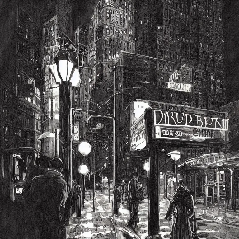 Image similar to dark city bus stop, the new yorker cover, very detailed,ArtStation