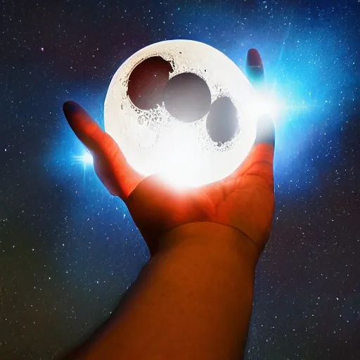 Image similar to celestial eson from marvel, guardians of the galaxy cosmic rewind, in the sky, holding the moon in his hand, sky photograph, 1 4 mm f / 2. 4