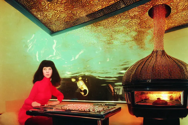 Prompt: portrait a woman wearing discowear sitting inside of an unlit lit 1970s luxury underwater chinese restaurant with a soviet computer console on the wall, a suspended fireplace, large windows, two lava lamps, an exterior of deep-sea bioluminescent species, ektachrome photograph, volumetric lighting, f8 aperture