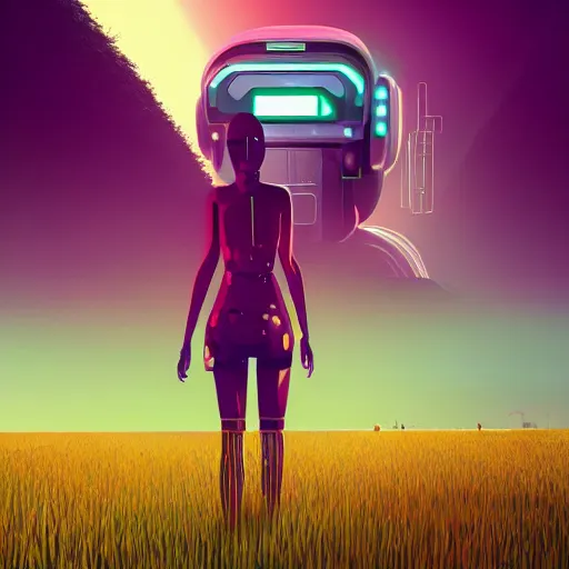 Prompt: a graph - style woman walking across a lush green field, a huge robot head in front of her, cyberpunk art by james gilleard, by beeple, cgsociety, retrofuturism, synthwave, retrowave, outrun