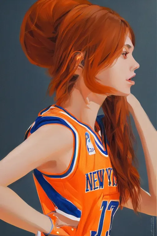 Image similar to A ultradetailed beautiful panting of a stylish woman, she is wearing a New York Knicks basketball jersey, Oil painting, by Ilya Kuvshinov, Greg Rutkowski and Makoto Shinkai