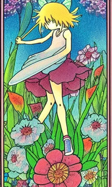 Image similar to fairy floral tarot card by Hayao miyazaki