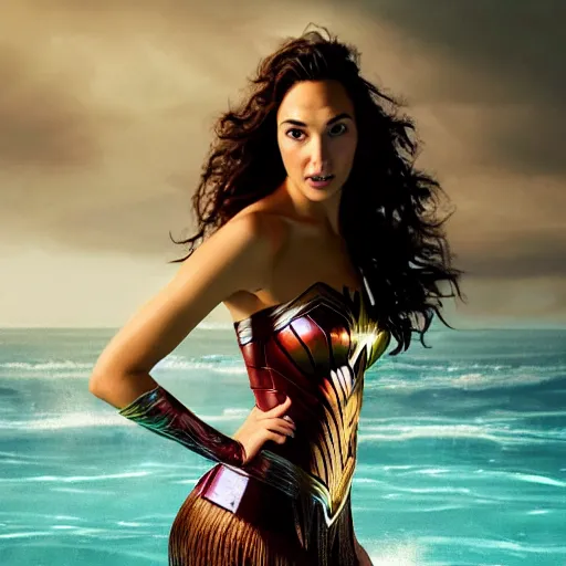 Image similar to Full body photo of the beautiful woman Gal Gadot as a siren, she is swimming, she has a glow coming from her, she is getting illuminated for rays of light that cross the sea, the photo was taking by Annie Leibovitz, matte painting, oil painting, naturalism, 4k, 8k